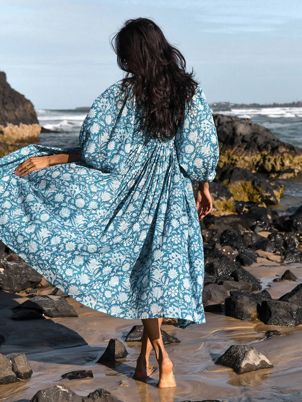 Luxe Garden Charm Midi Dress - Balloon Sleeves