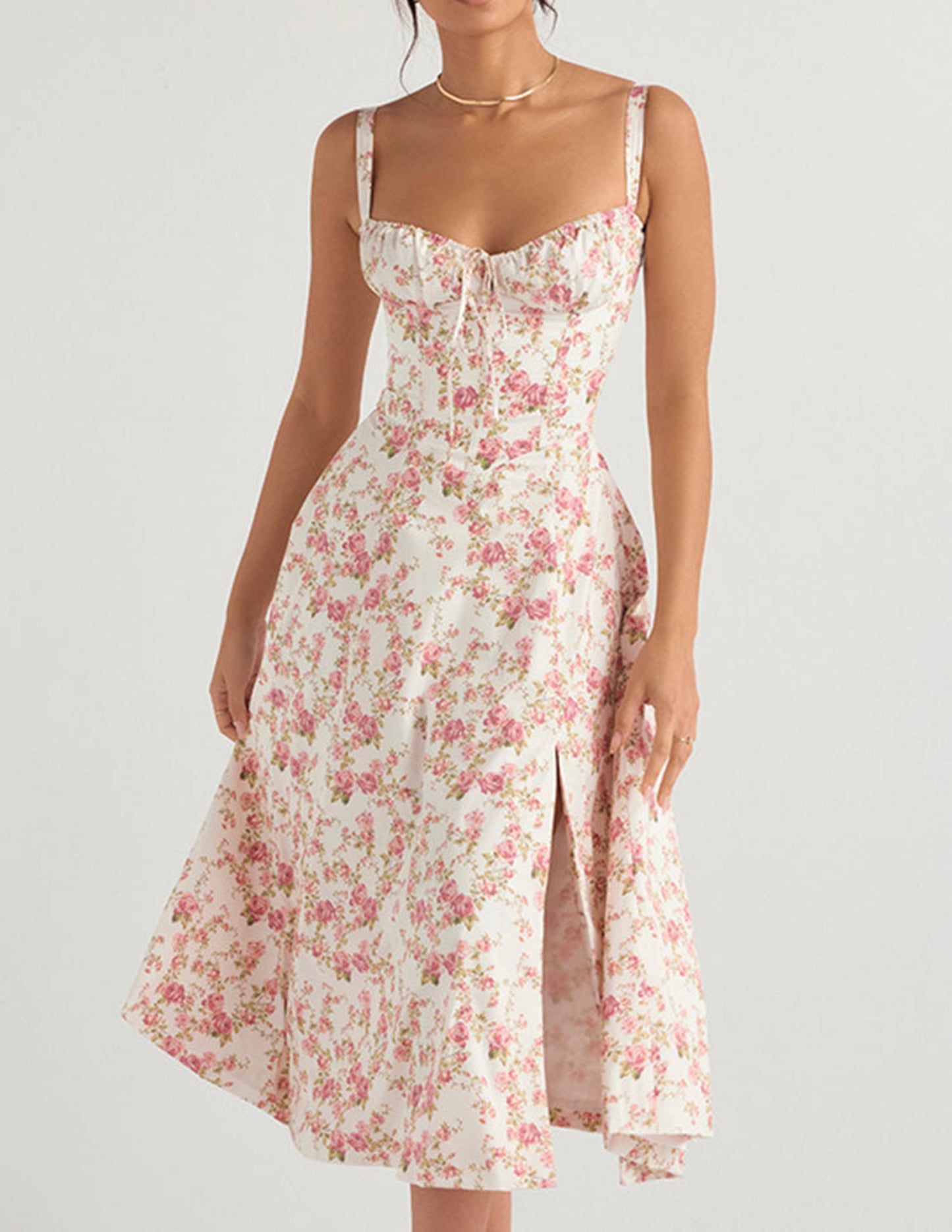 Floral Bustier Slip Dress with Thigh Slit