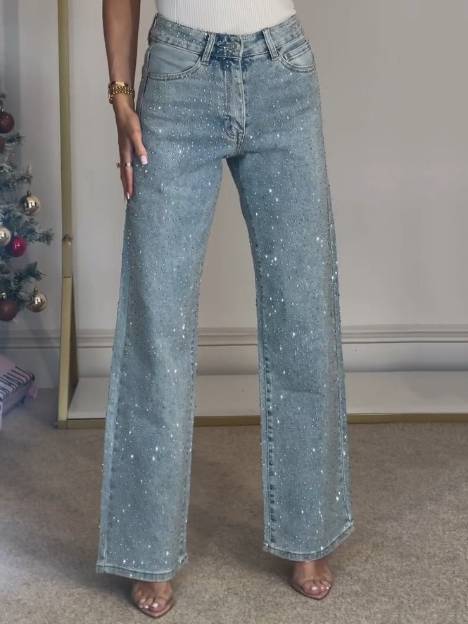 Celeste – High-Rise Diamanté Embellished Straight Jeans