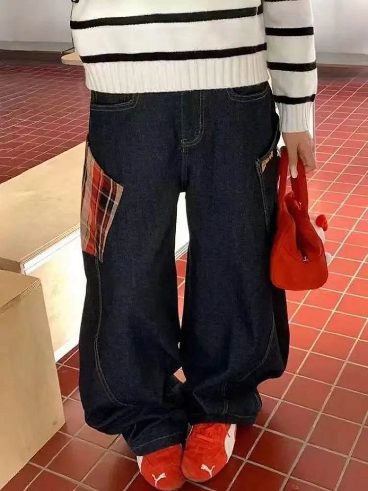 Ruby – Plaid Patchwork Jeans With Wide-Leg Comfort