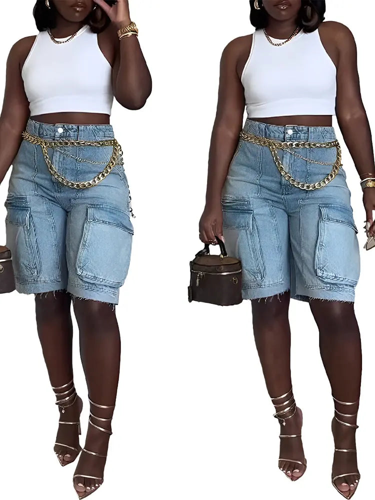 Edgy Distressed Utility Bermuda Jeans