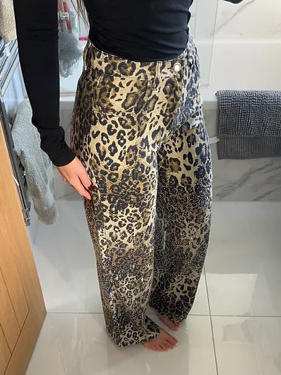 Leopard Luxe Flared Jeans with Sparkling Accents