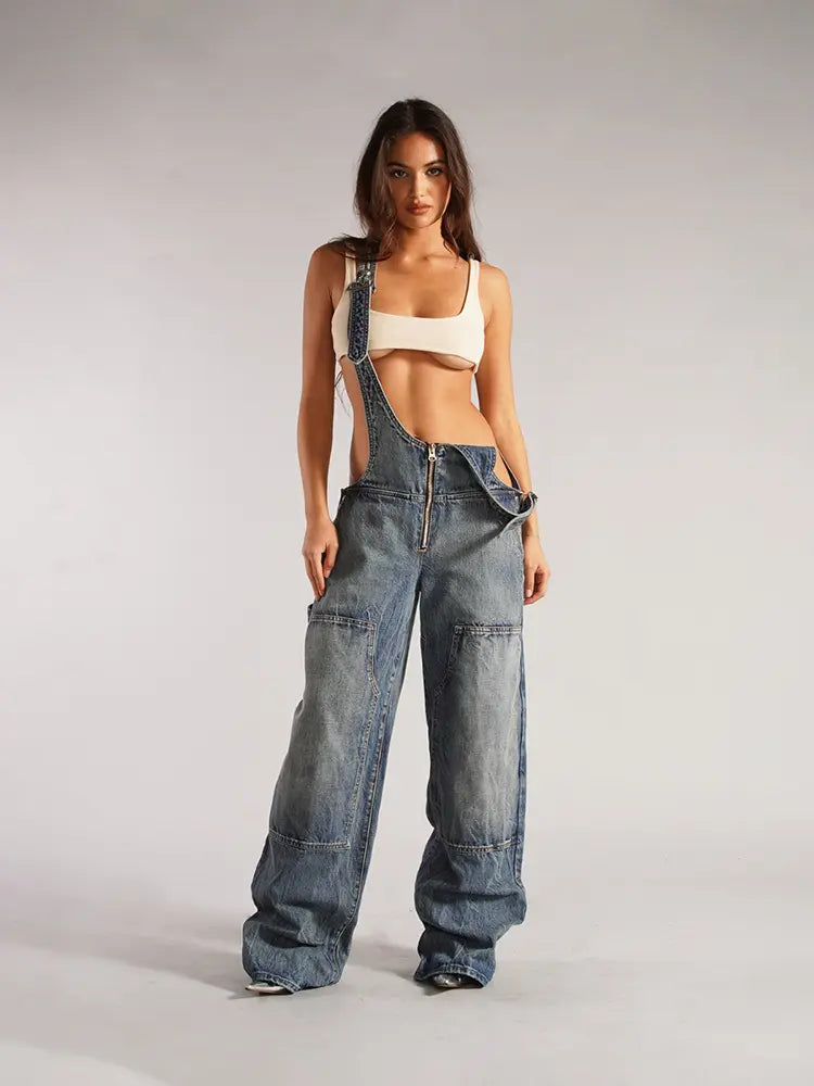 Harper - Zipper Strap Wide-Leg Denim Jumpsuit