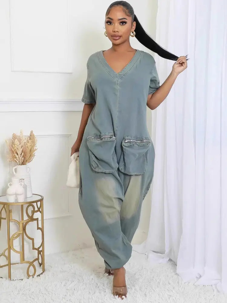Maya – Denim Jumpsuit With Oversized Pockets