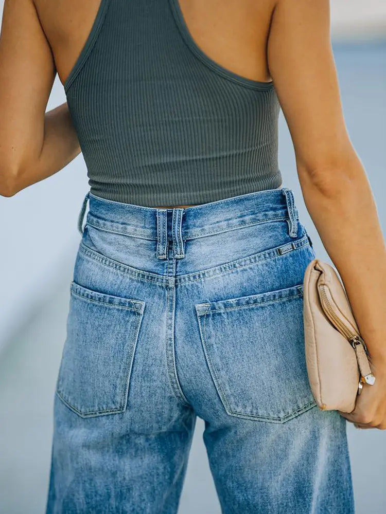 Chic High-Rise Ripped Wide Jeans