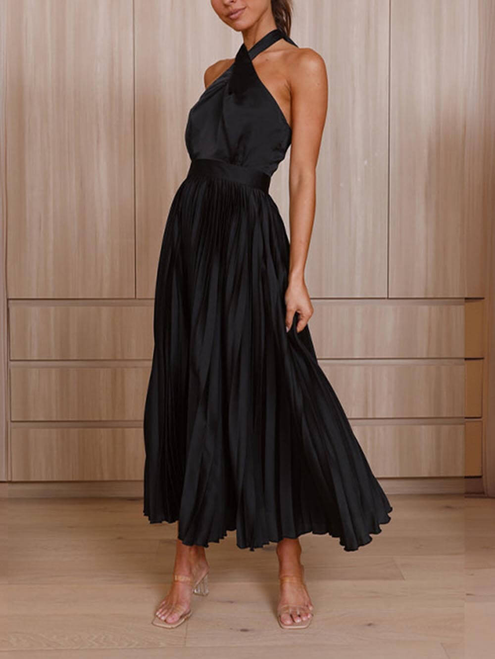 Sophisticated Chic - Pleated Neckline Vacation Party Midi Dress