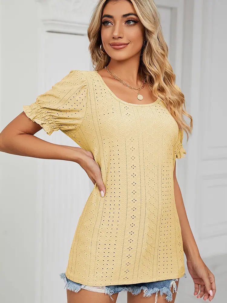 Summer Solid Crew-Neck Princess Sleeve Top