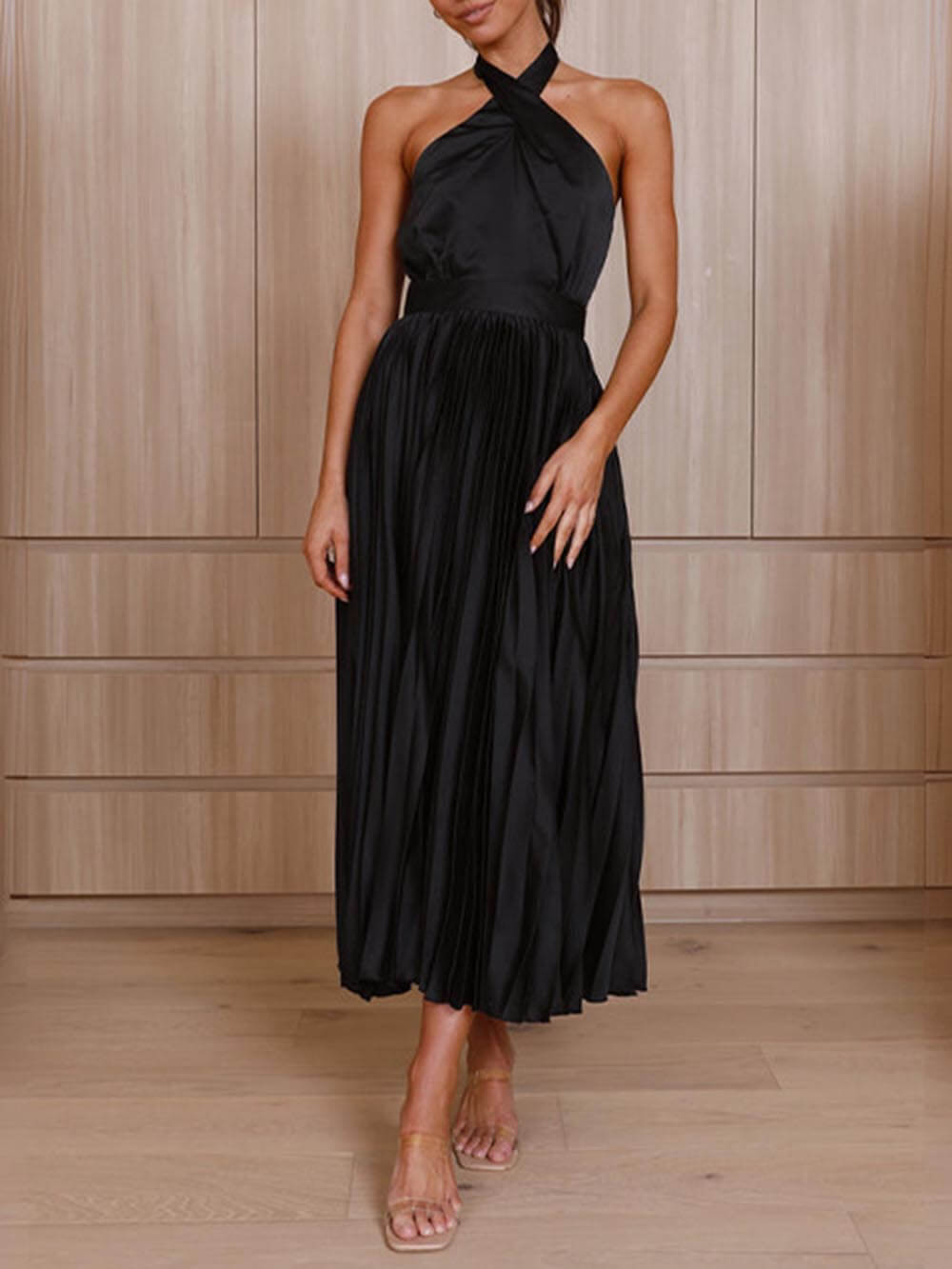 Sophisticated Chic - Pleated Neckline Vacation Party Midi Dress