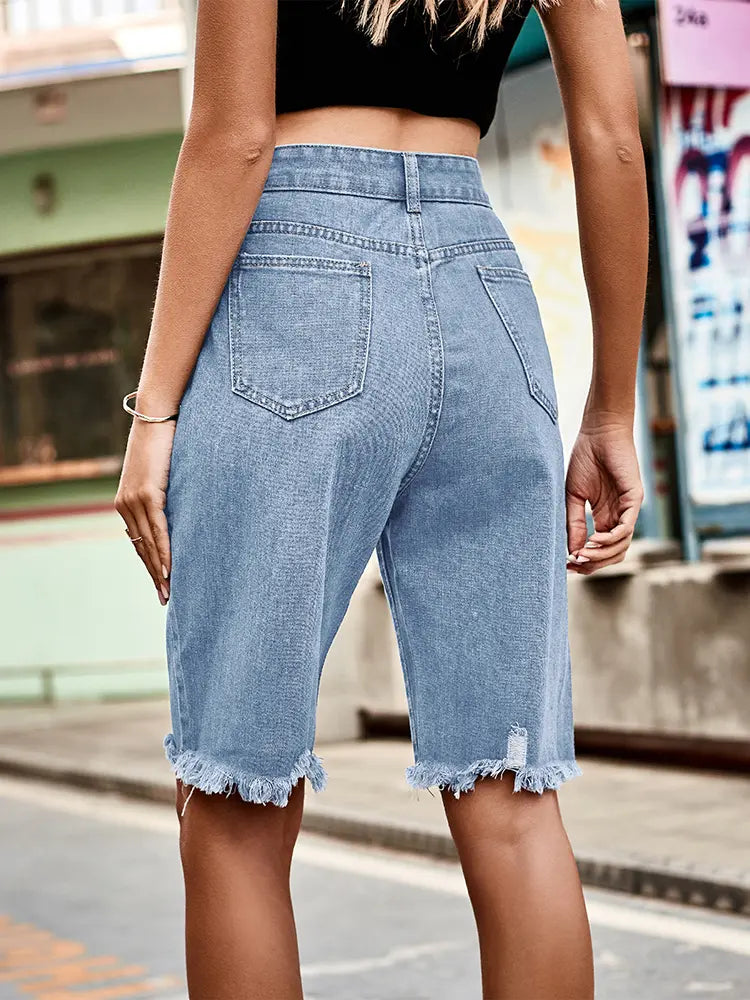 Fringe Hem High-Rise Denim Shorts