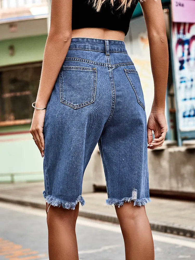 Fringe Hem High-Rise Denim Shorts