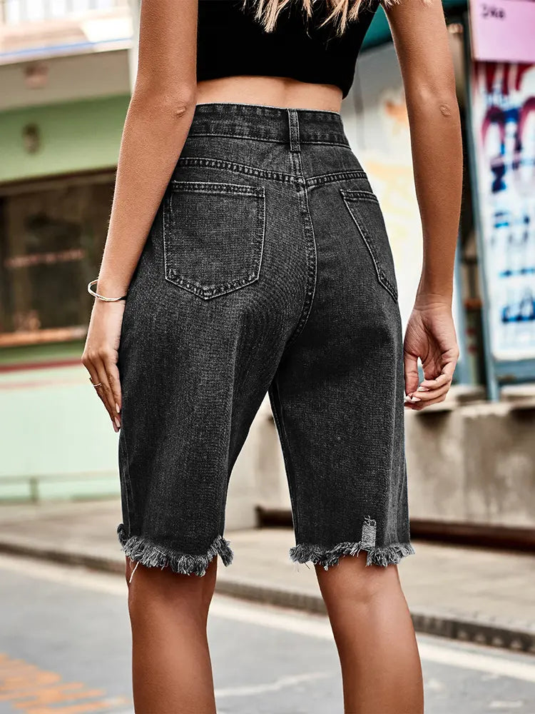 Fringe Hem High-Rise Denim Shorts