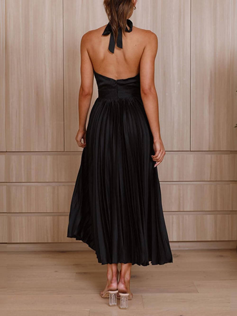 Sophisticated Chic - Pleated Neckline Vacation Party Midi Dress