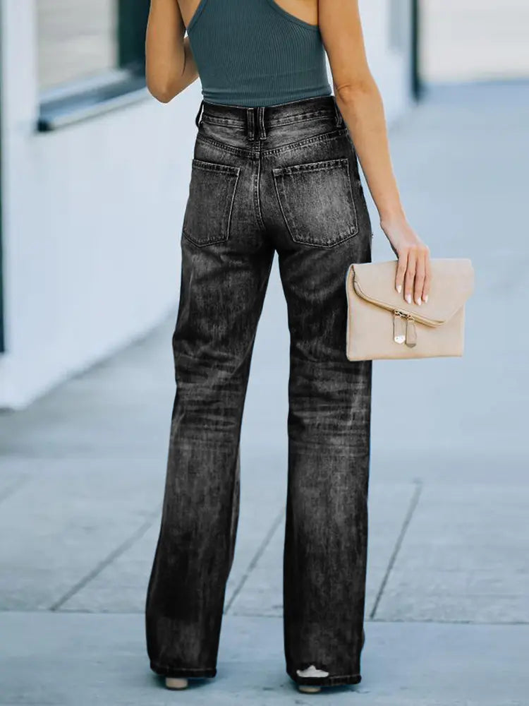 Chic High-Rise Ripped Wide Jeans