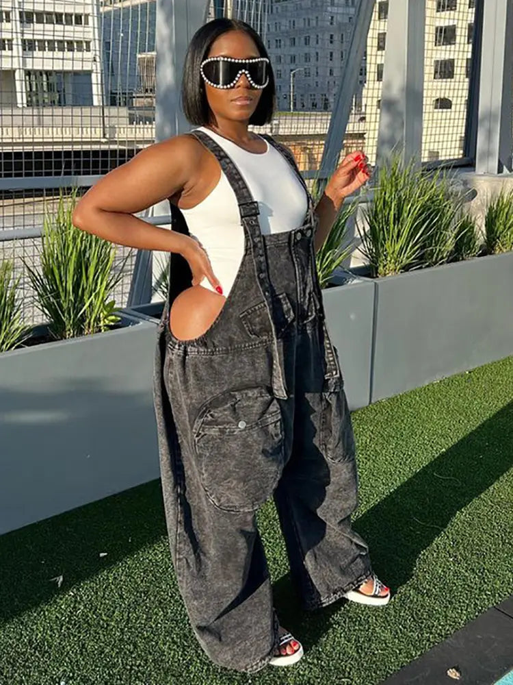 Chic Wide-Leg Denim Pocket Jumpsuit