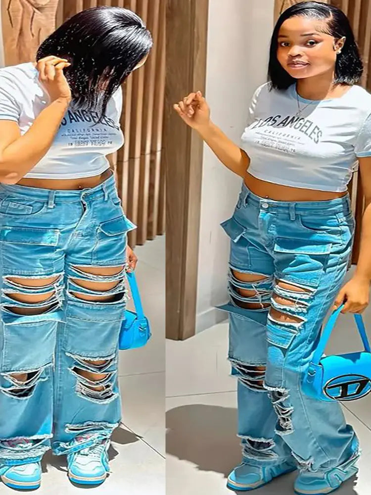 Zoey – Ripped High-Waist Jeans With Multi Pockets
