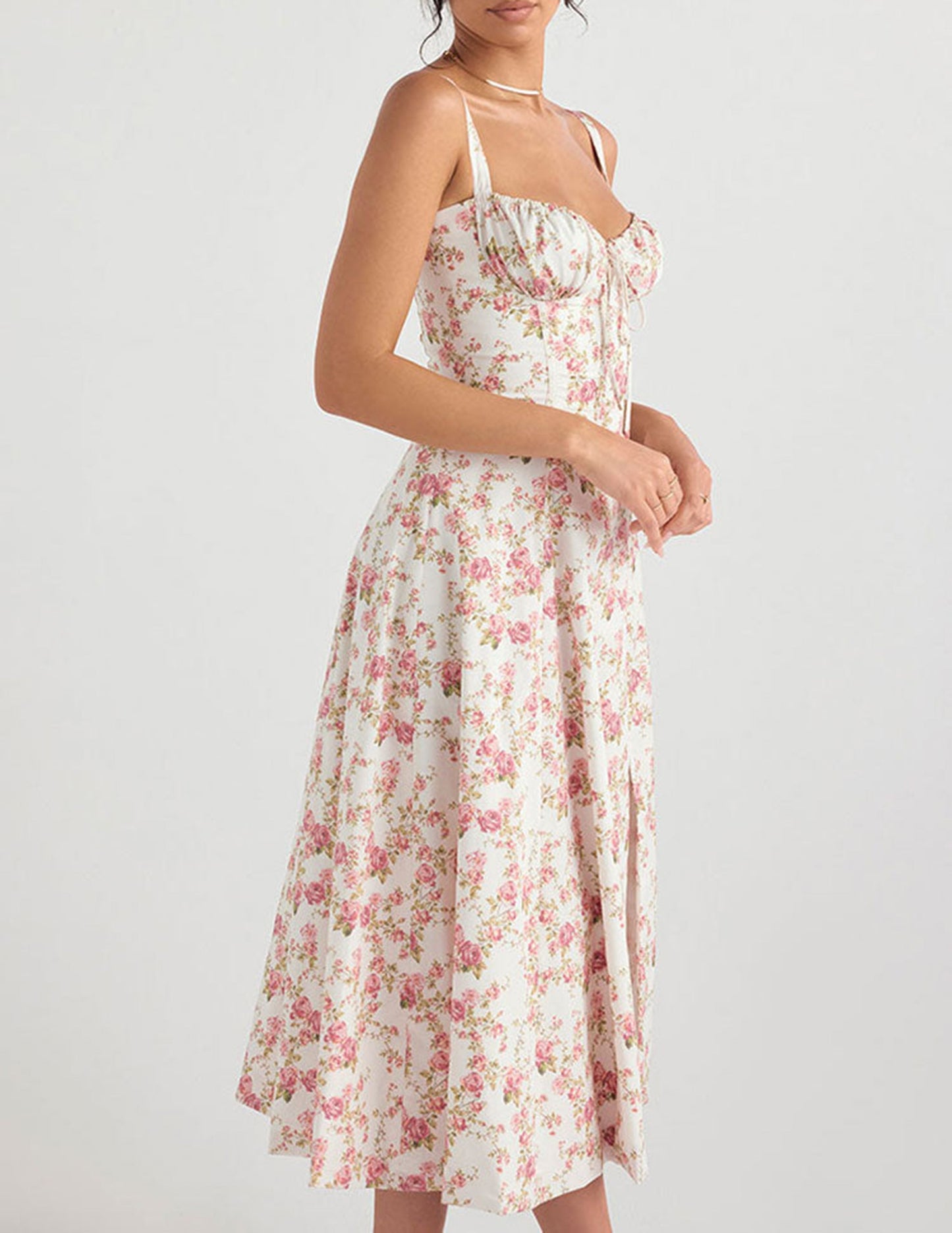 Floral Bustier Slip Dress with Thigh Slit