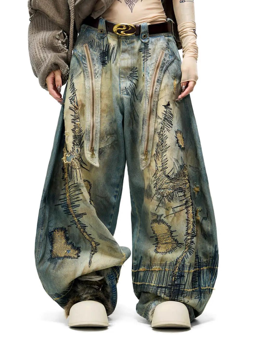 Plato-Dyed Curved Zipper Street Jeans