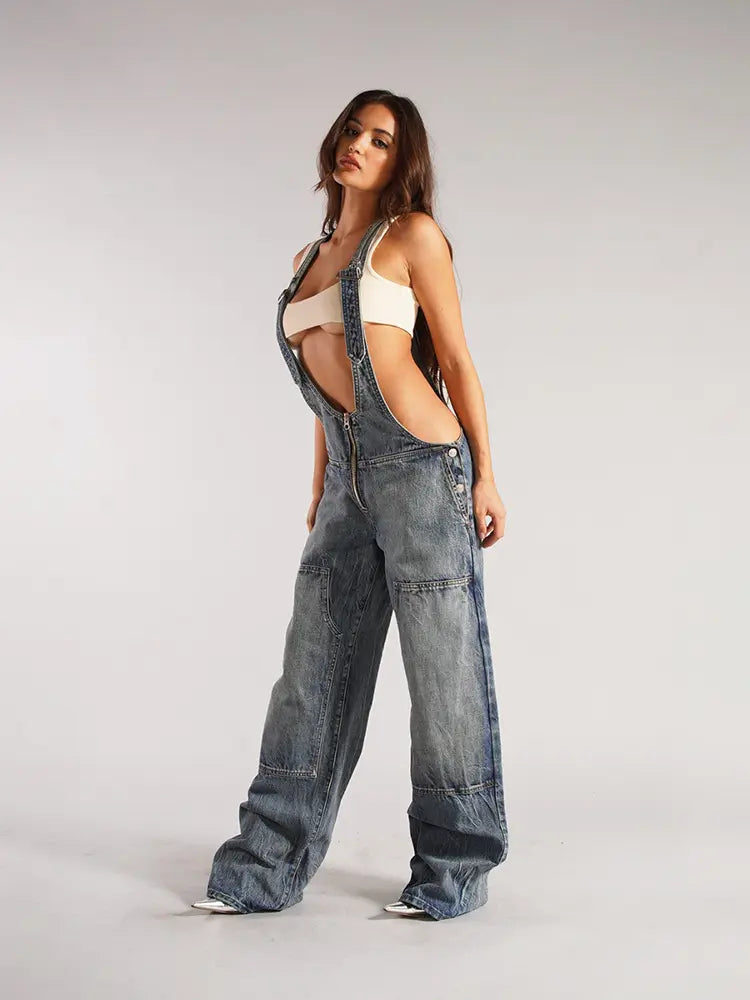 Harper - Zipper Strap Wide-Leg Denim Jumpsuit