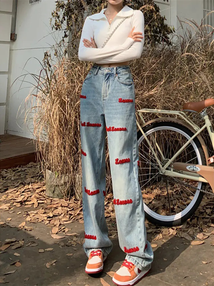Sophie - Letter Embroidered High-Waist Jeans