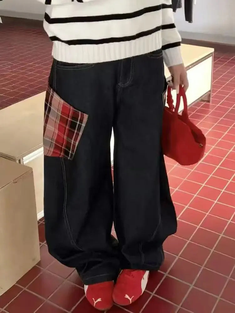 Ruby – Plaid Patchwork Jeans With Wide-Leg Comfort