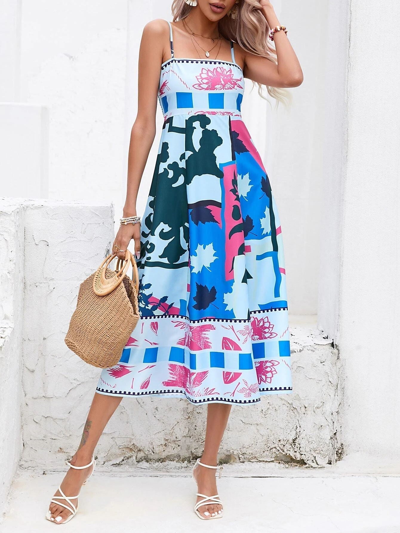 Abstract Colorful Strappy Maxi Dress