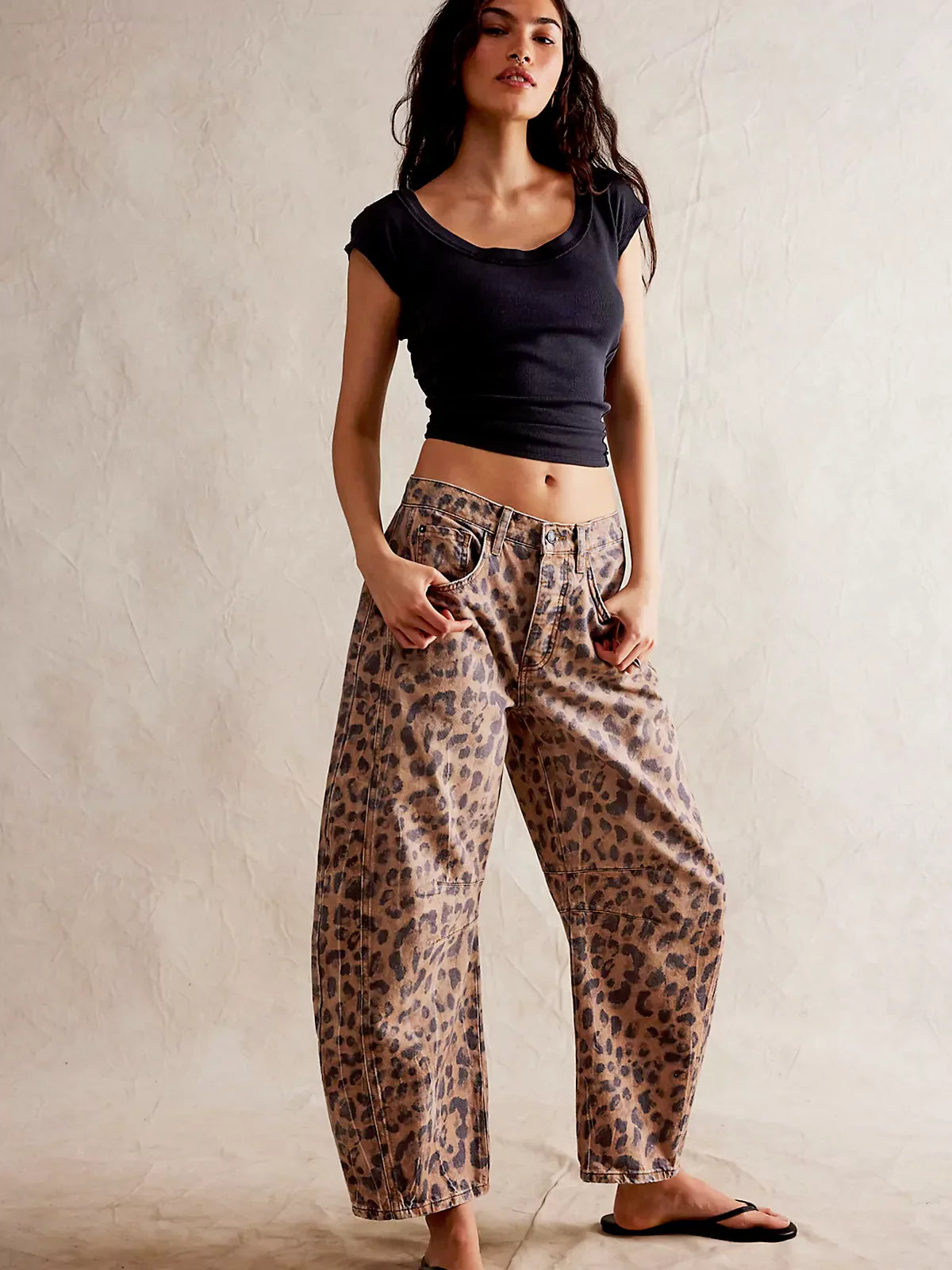 Wild Spirit Barrel-Leg Leopard Print Jeans
