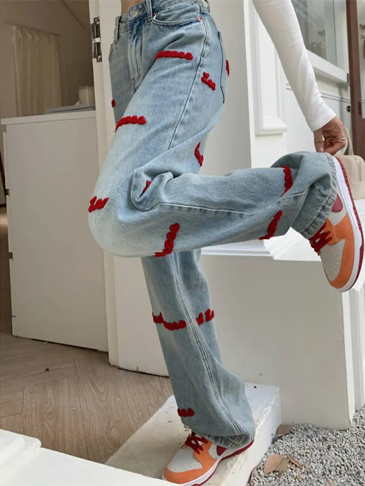Sophie - Letter Embroidered High-Waist Jeans