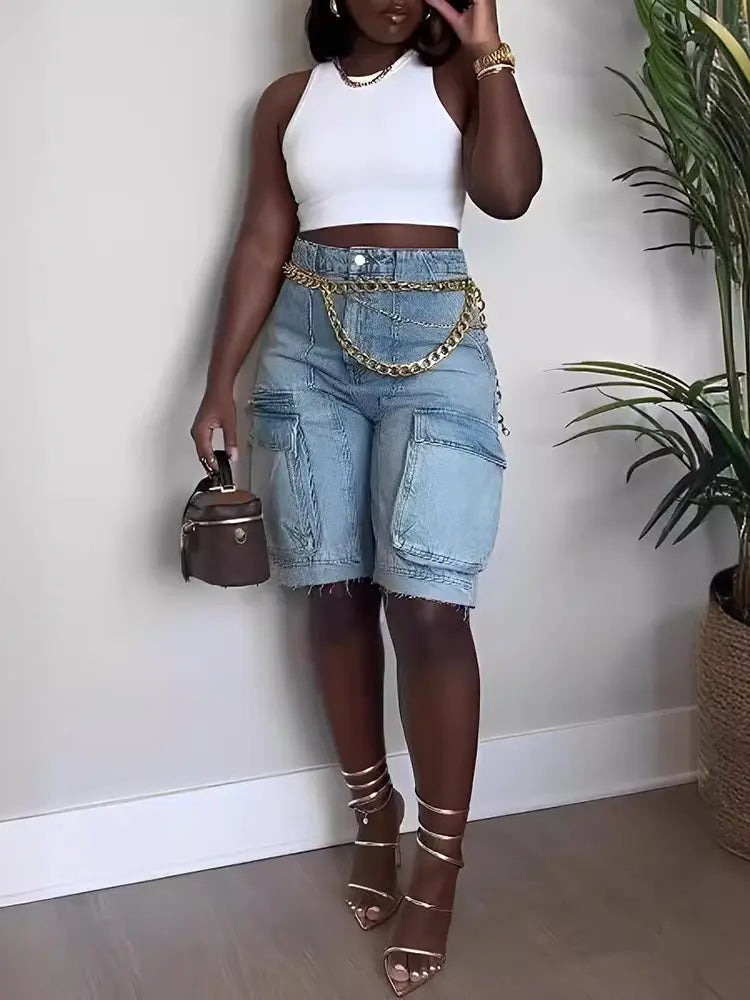 Edgy Distressed Utility Bermuda Jeans