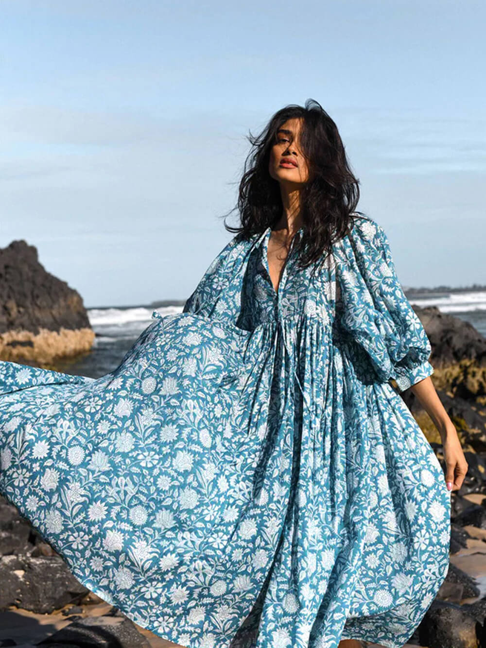 Luxe Garden Charm Midi Dress - Balloon Sleeves