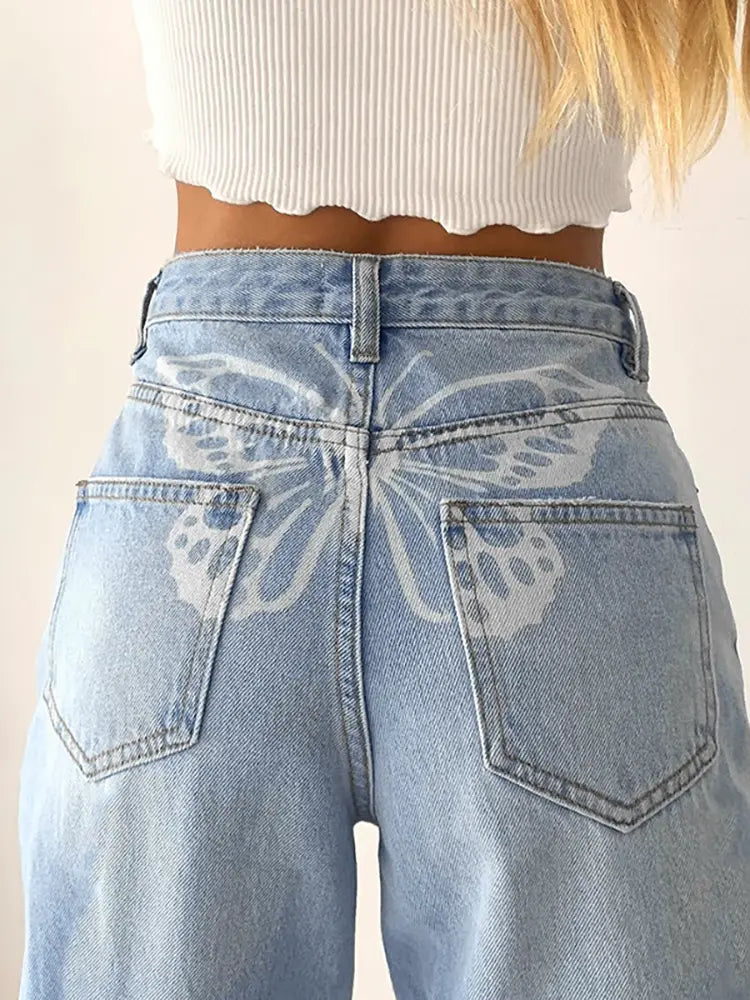 Butterfly Muse High-Waisted Artistic Denim Pants
