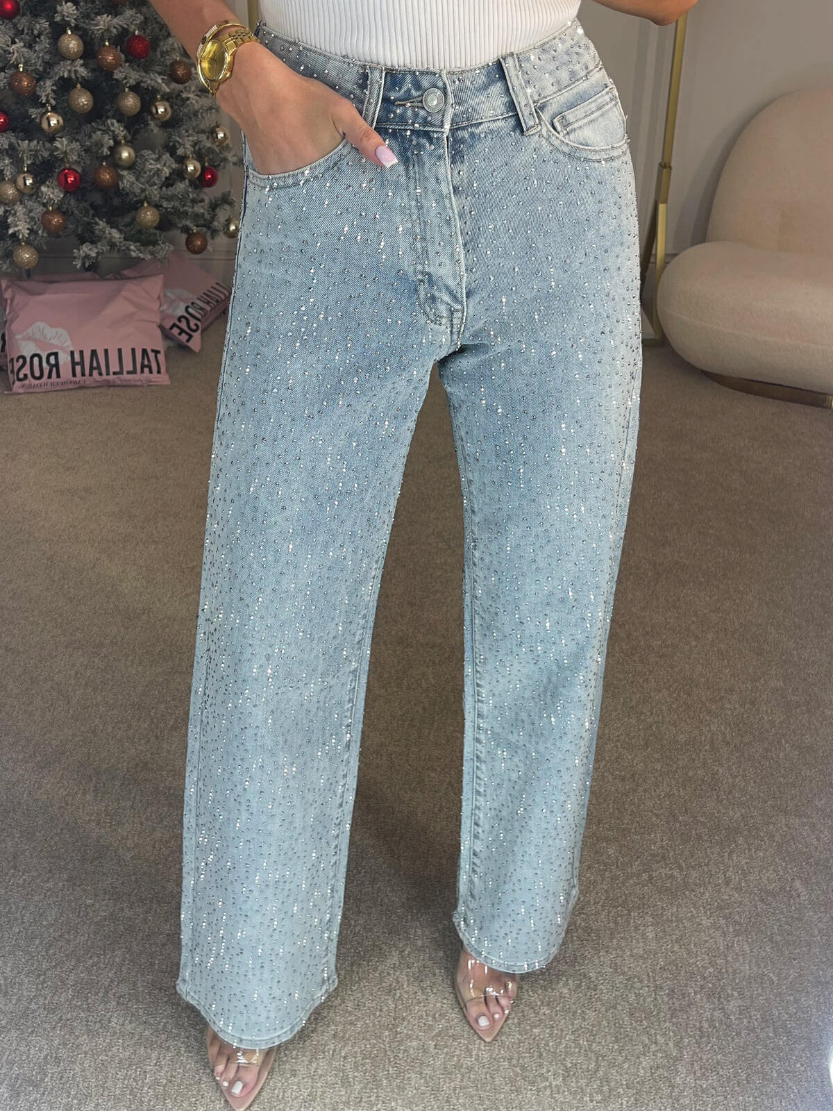 Celeste – High-Rise Diamanté Embellished Straight Jeans