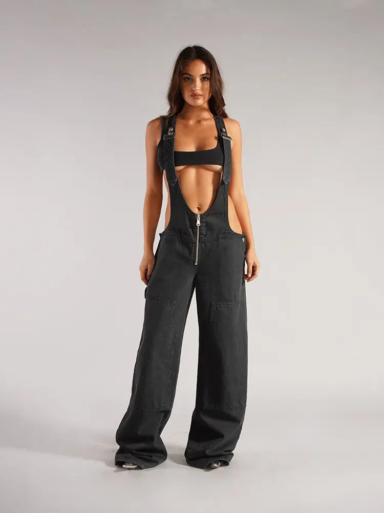 Harper - Zipper Strap Wide-Leg Denim Jumpsuit