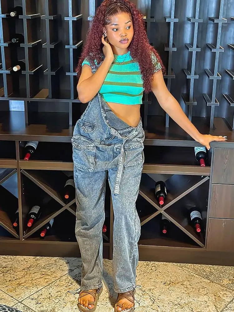 Chic Wide-Leg Denim Pocket Jumpsuit