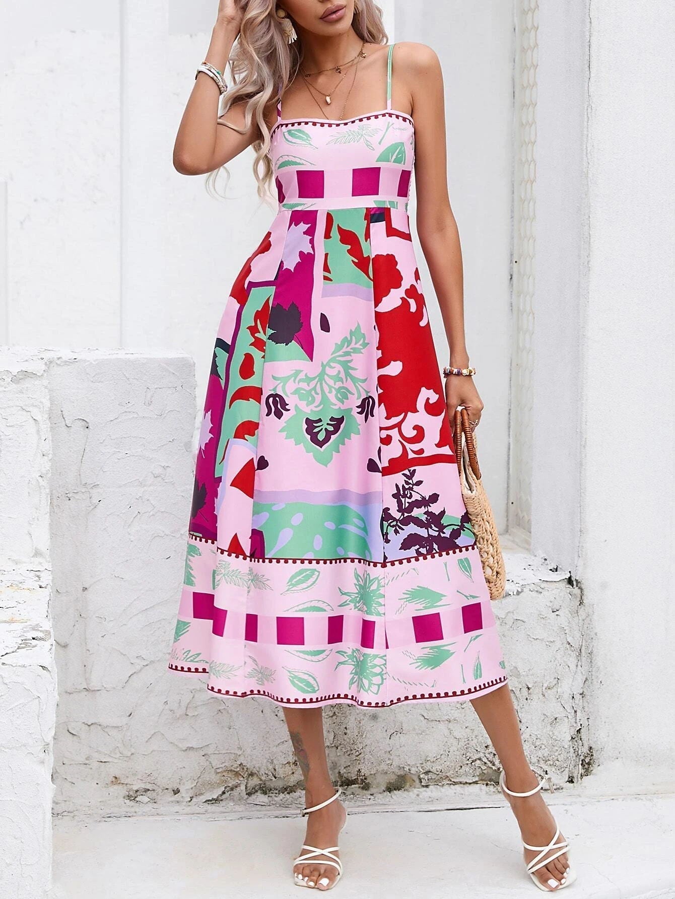 Abstract Colorful Strappy Maxi Dress