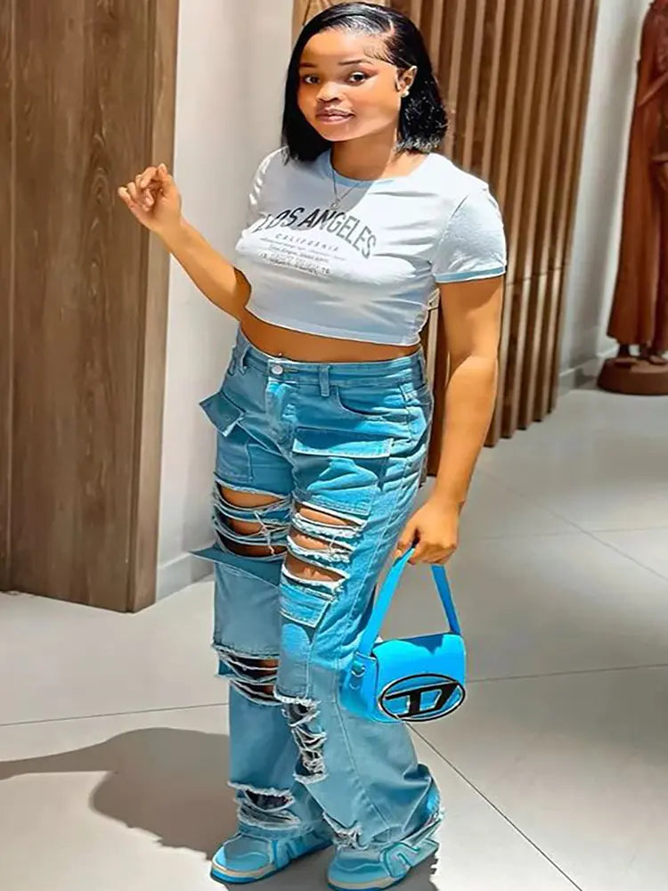 Zoey – Ripped High-Waist Jeans With Multi Pockets