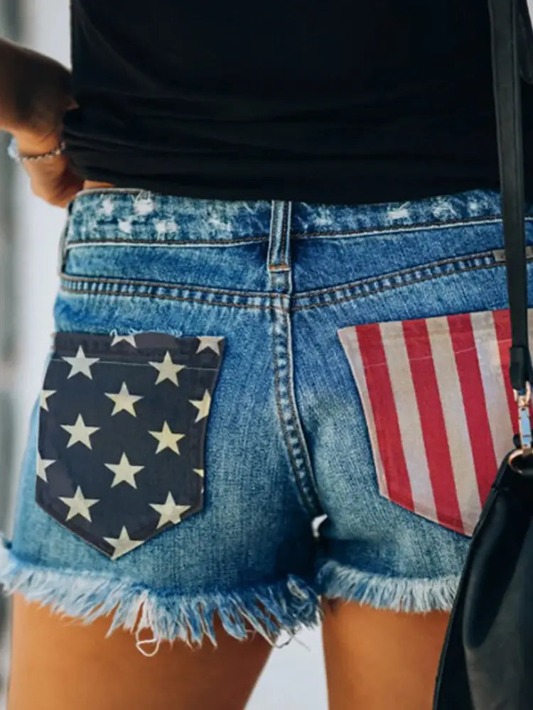 Patriotic Flag Button Denim Shorts