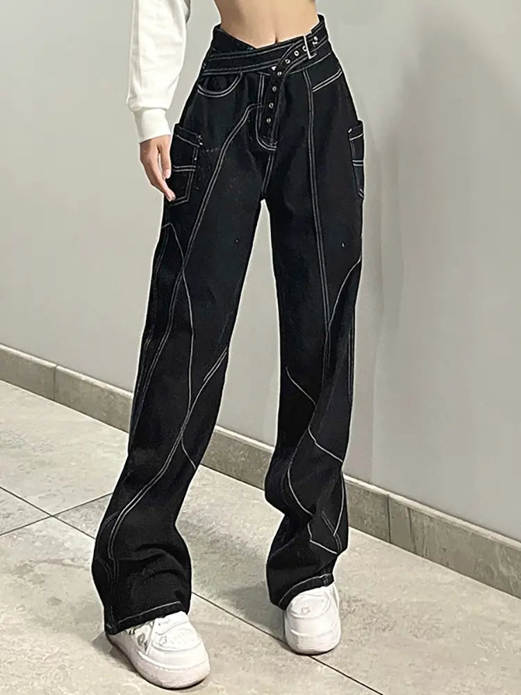 Contrast-Stitch Wide-Leg Street Jeans