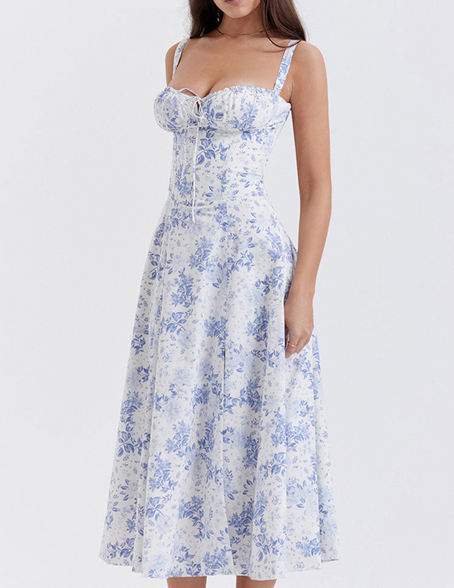 Floral Bustier Slip Dress with Thigh Slit