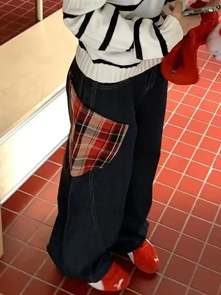 Ruby – Plaid Patchwork Jeans With Wide-Leg Comfort