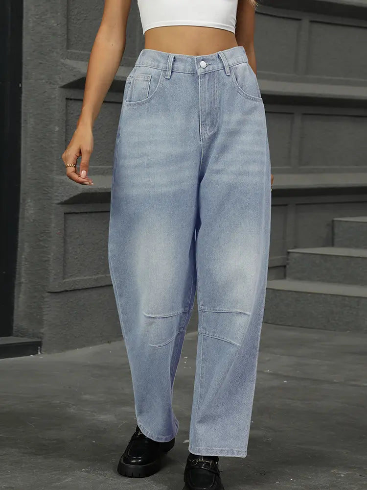 Cropped Vintage Wash Harem Jeans with Elastic Waist