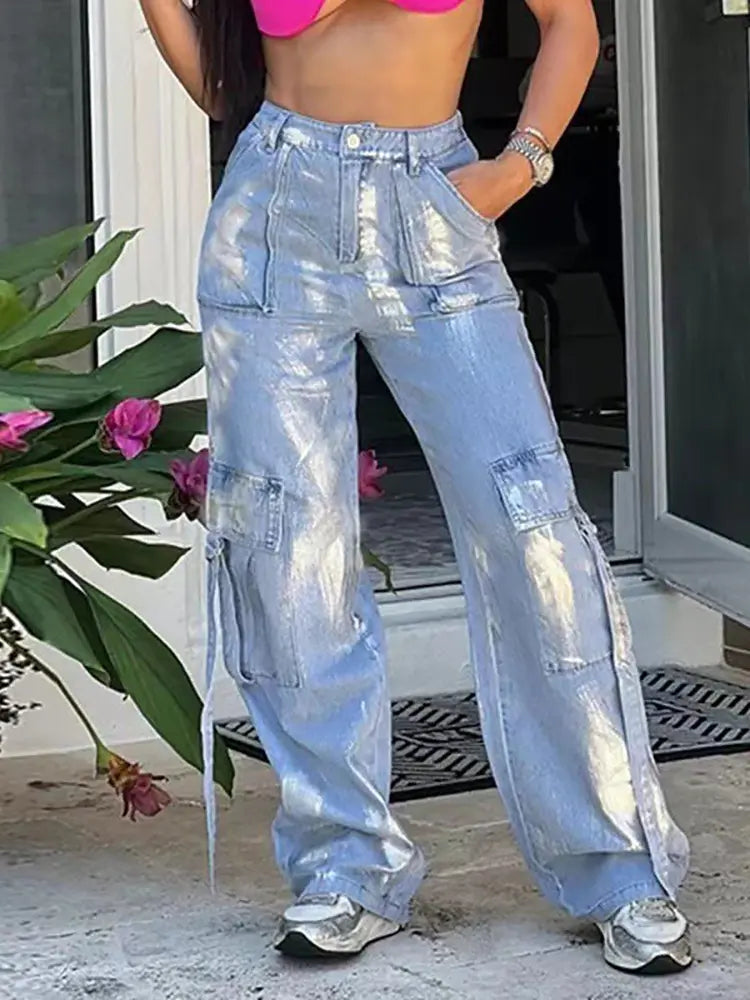 Silver Ribbon Statement Straight Jeans