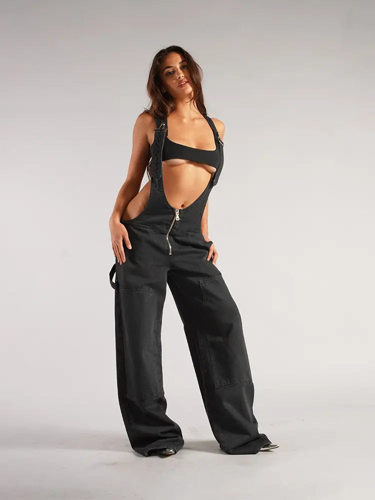 Harper - Zipper Strap Wide-Leg Denim Jumpsuit