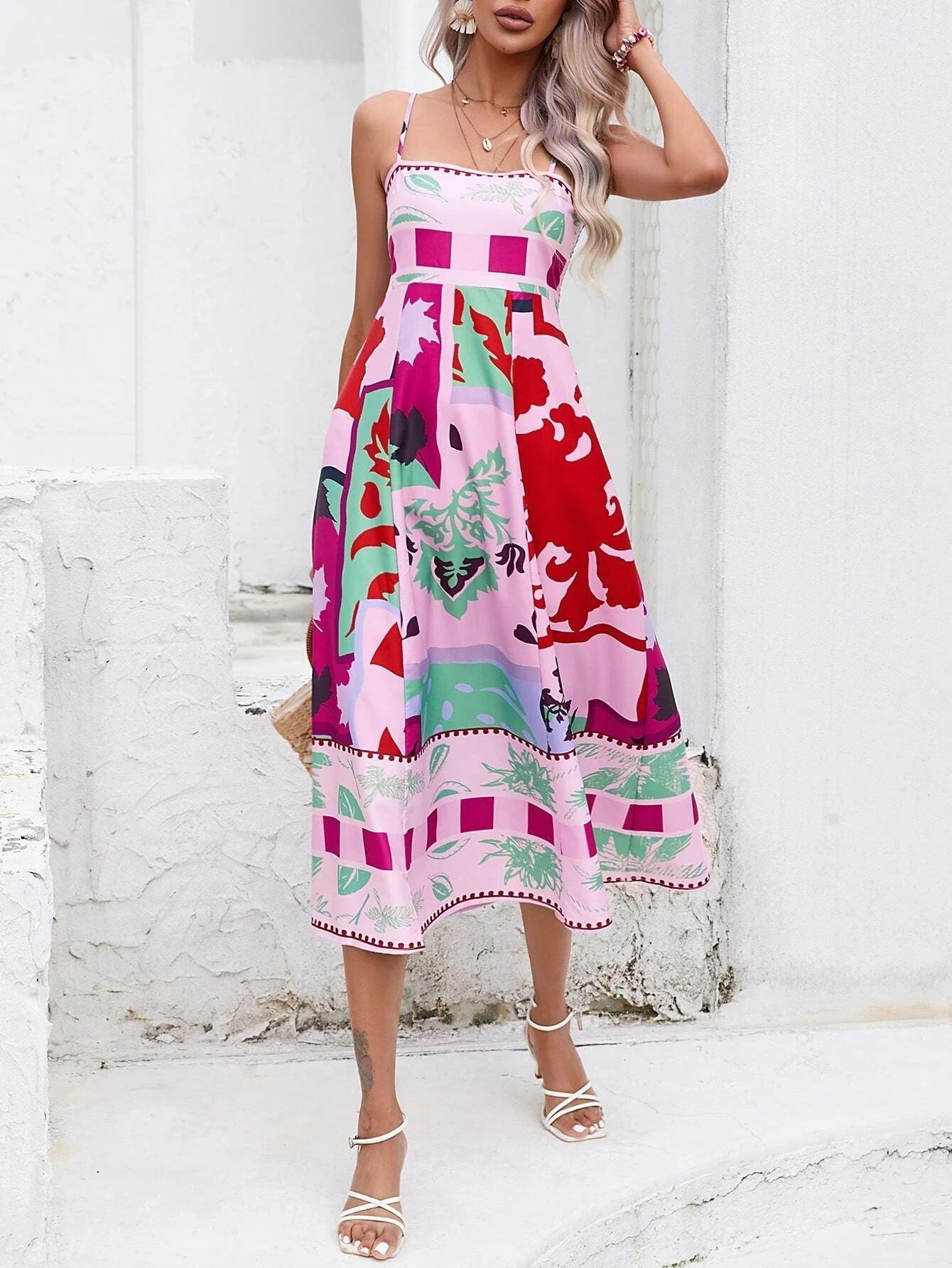 Abstract Colorful Strappy Maxi Dress