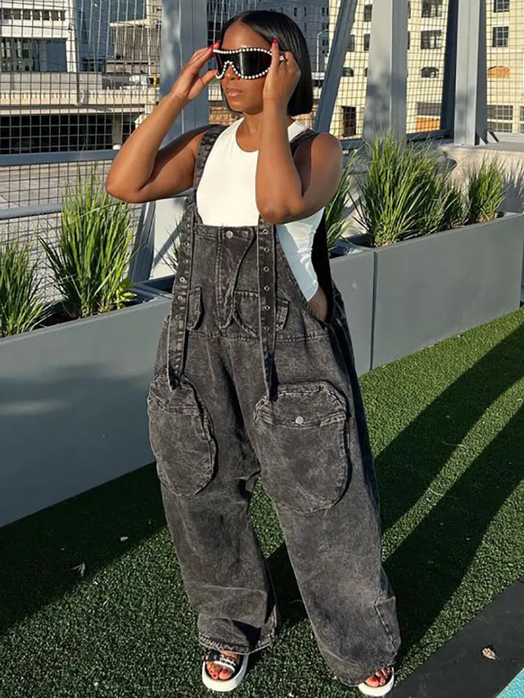 Chic Wide-Leg Denim Pocket Jumpsuit