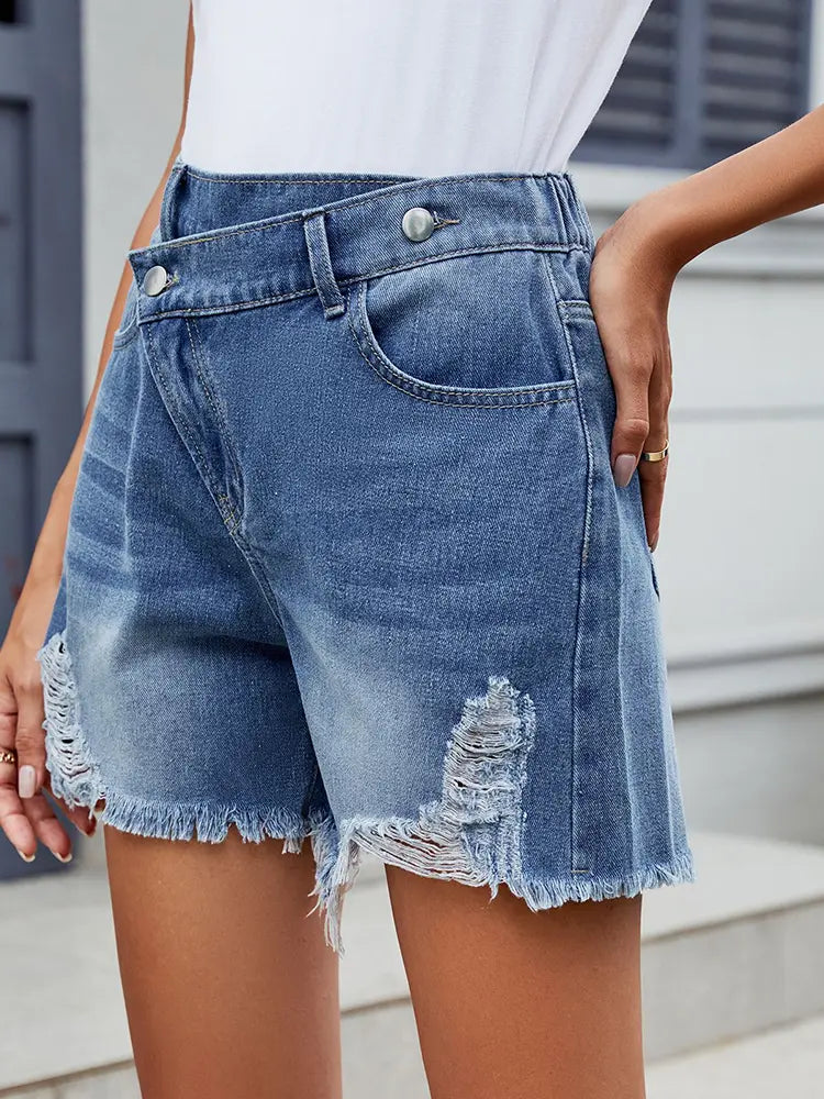 Harper - Asymmetrical Frayed Hem Denim Shorts