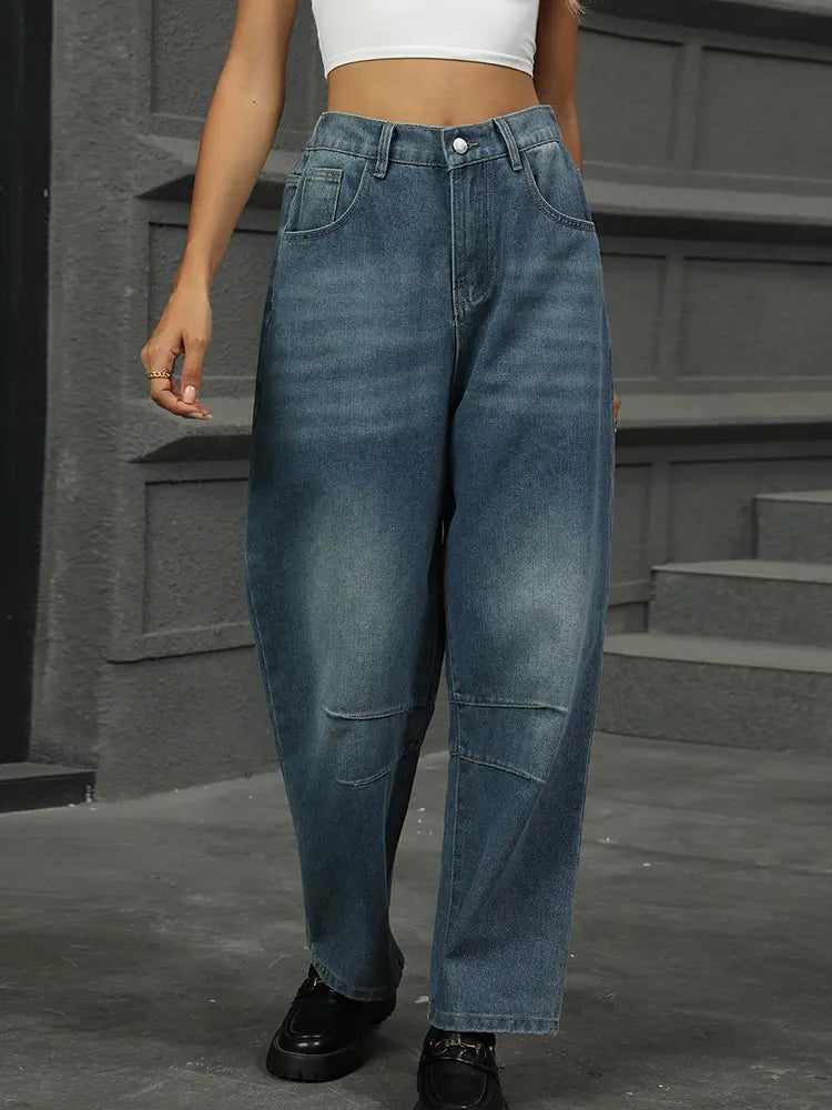 Cropped Vintage Wash Harem Jeans with Elastic Waist