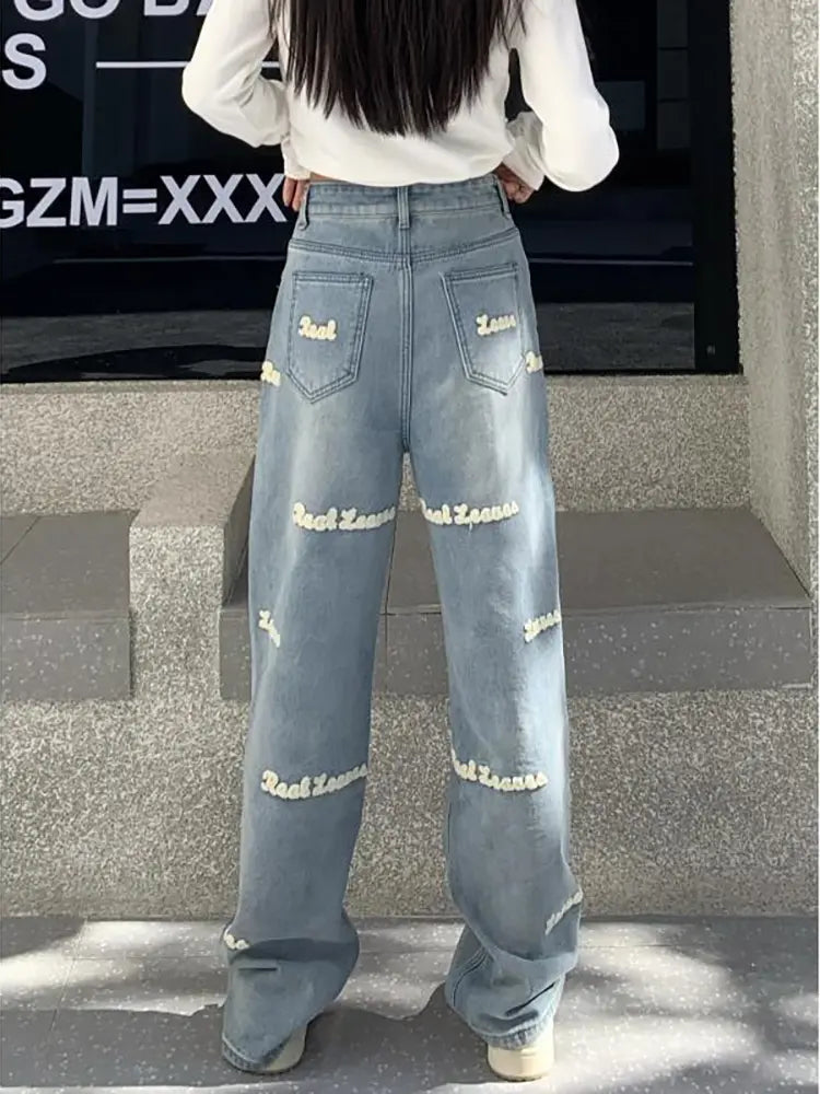 Sophie - Letter Embroidered High-Waist Jeans