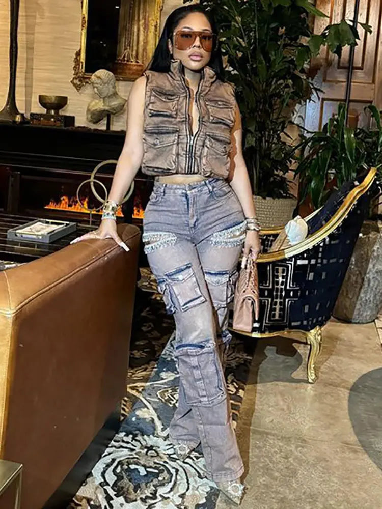 Stella – Glam Cargo Jeans With Fringe & Rhinestones