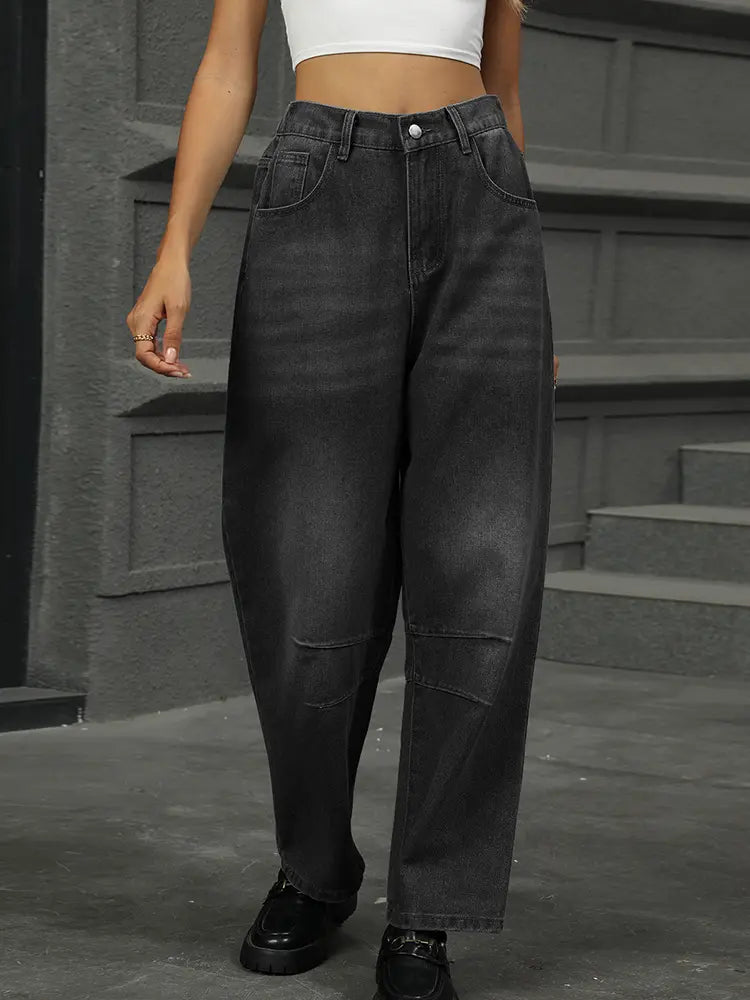 Cropped Vintage Wash Harem Jeans with Elastic Waist