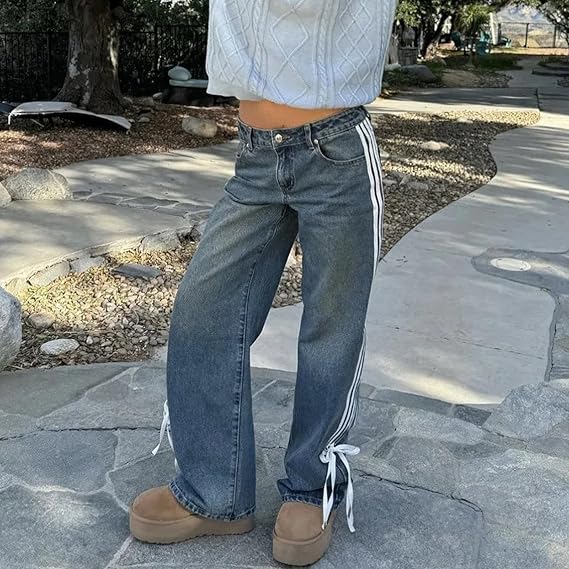 Luna - Side Stripe Bow Wide-Leg Jeans